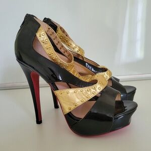 100% Authentic JAIME WRIGHT Black And GoldLeather High heels Women Shoes Size 39